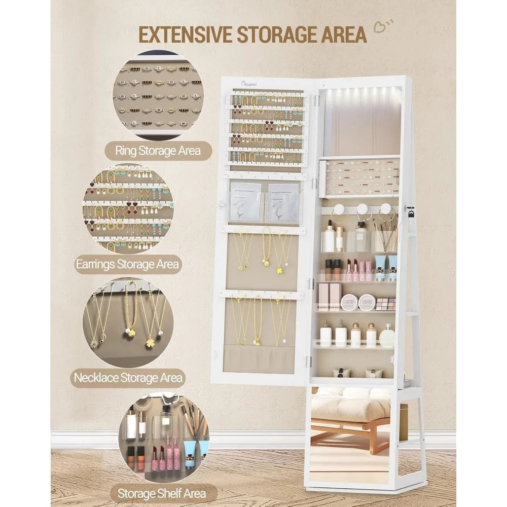 Ljustra 16 LED Jewelry Cabinet Armoire 360° Rotating Lockable Mirror