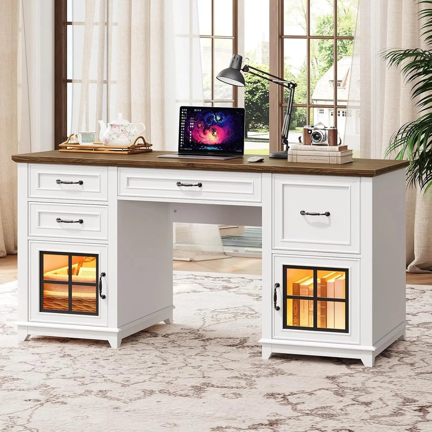 58 Inch Farmhouse Wooden Desk with Power Outlets and LED Light