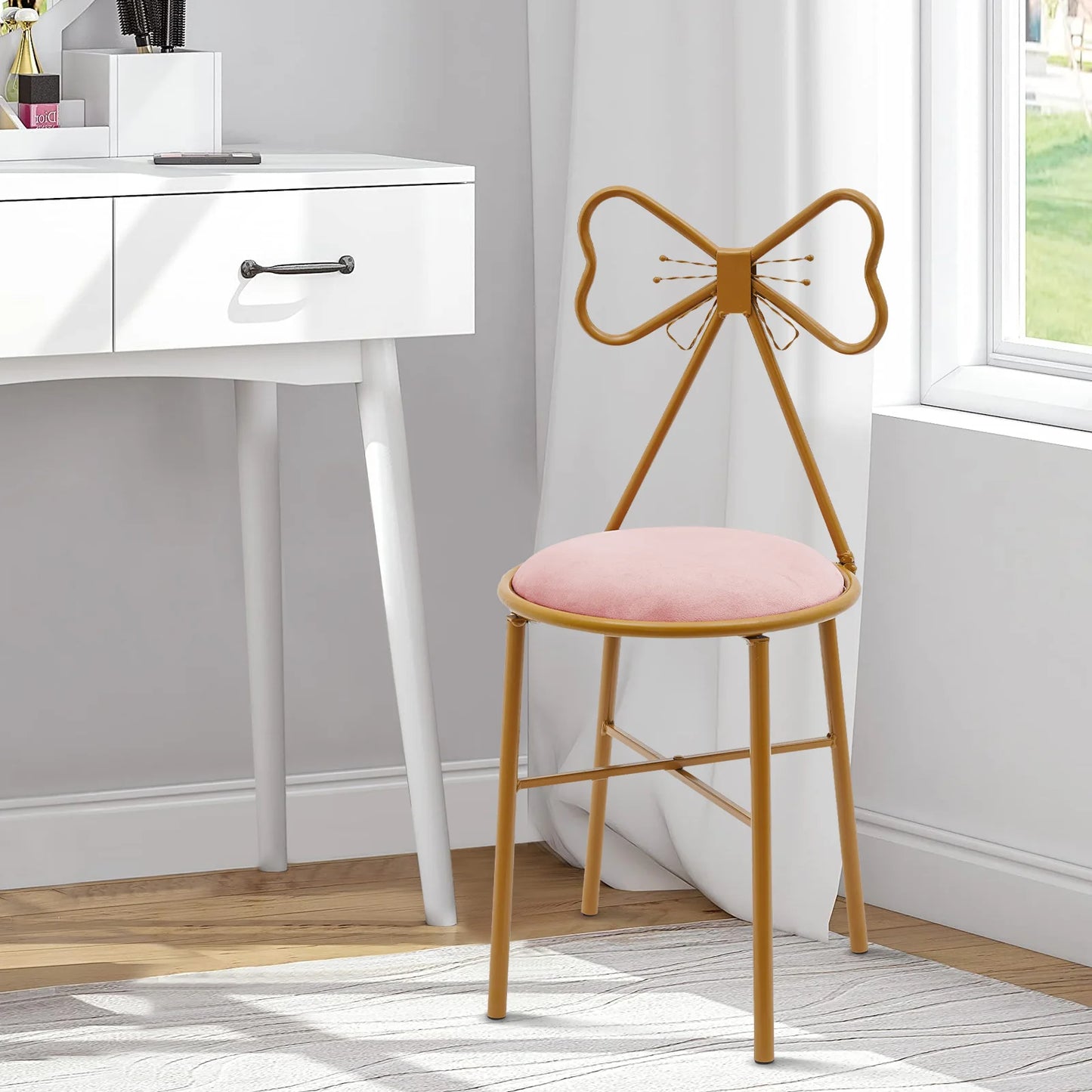 Modern Makeup Dressing Chair Light Pink Bow Shaped Bedroom Chair