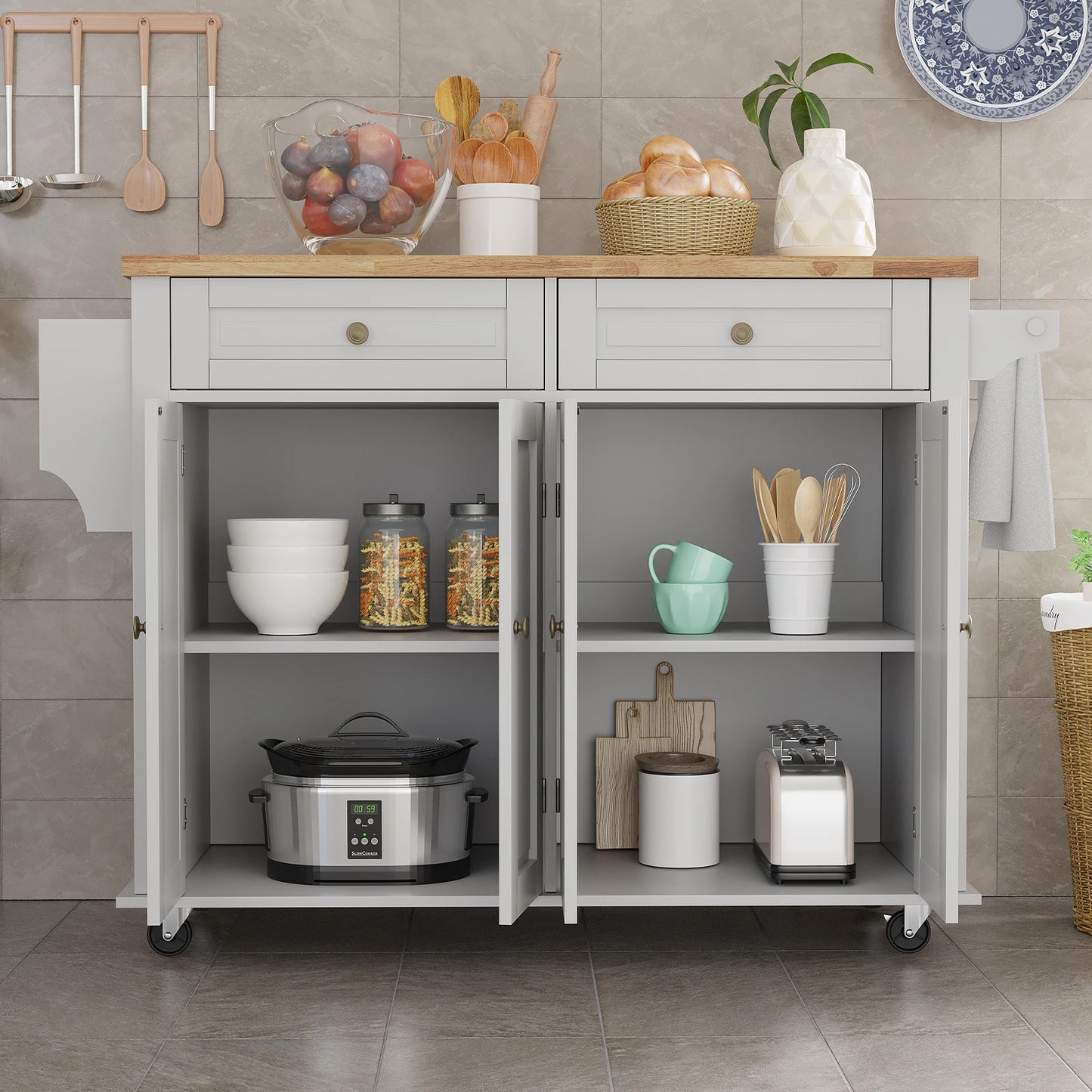 Rolling Kitchen Island on Wheels with Drop Leaf Storage Cabinet