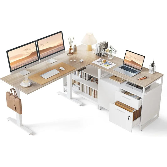L Shaped Standing Desk Adjustable Height with Drawers and Shelves