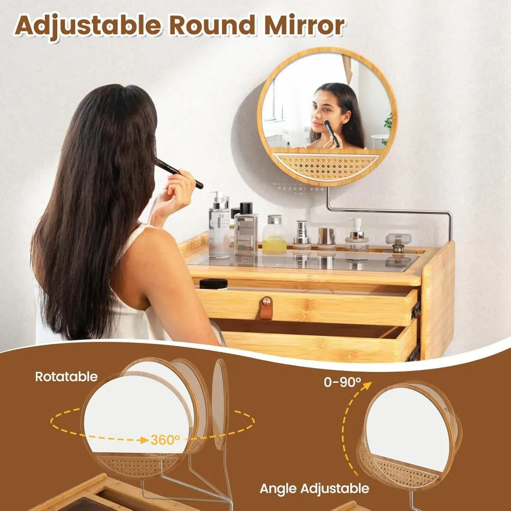 Bamboo Makeup Vanity Table with Stool Rotating Mirror 2 Drawers
