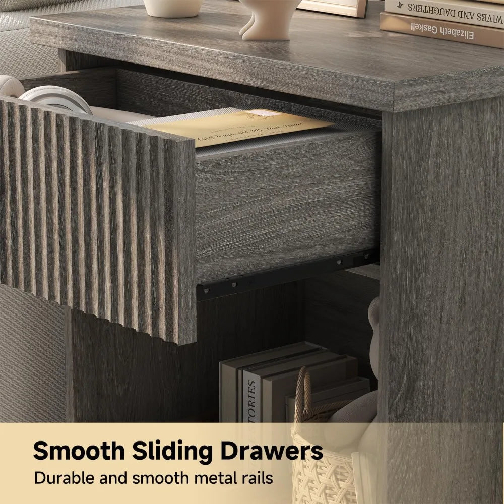 Fluted Nightstand Set of 2 Modern Wood Bedside Tables for Bedroom Storage