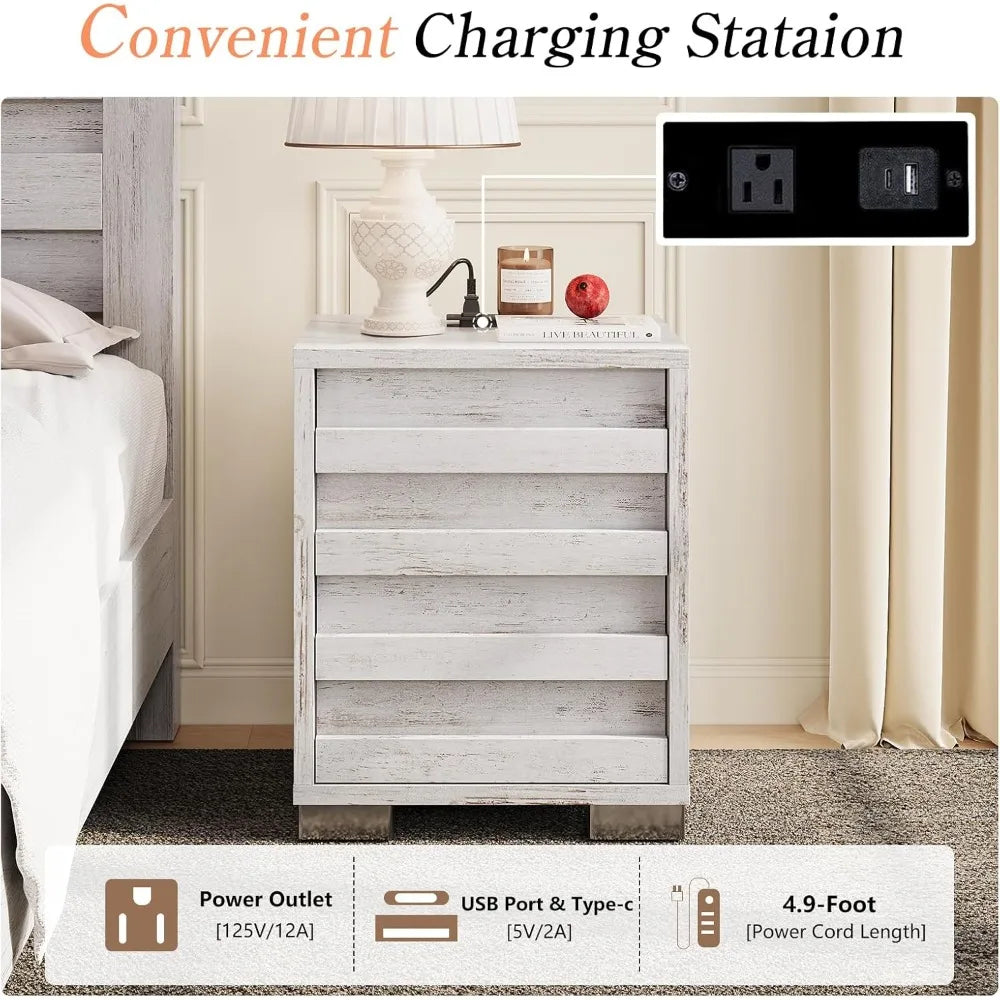Nightstand Set of 2 with Charging Station Farmhouse Side Table
