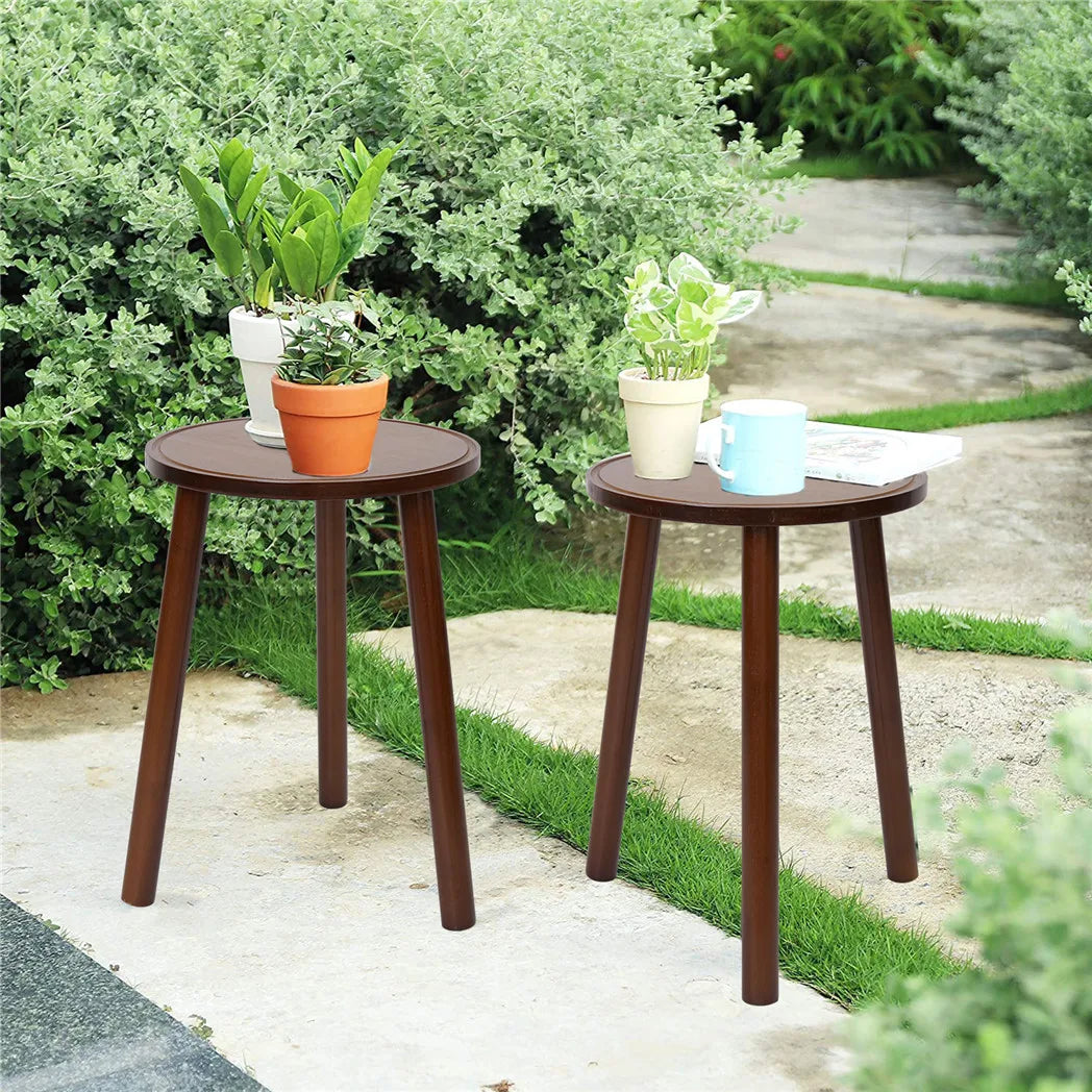 Small Round Bamboo Plant Stand 3-Legged End Table Set of 2