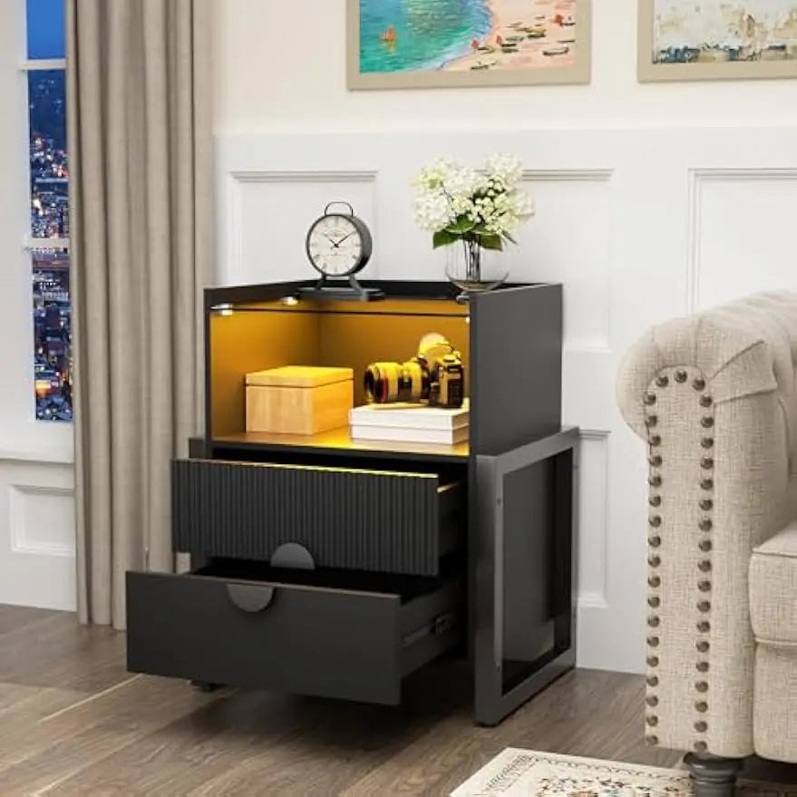 Fluted Nightstand with Charging Station and LED Lights Modern End Table
