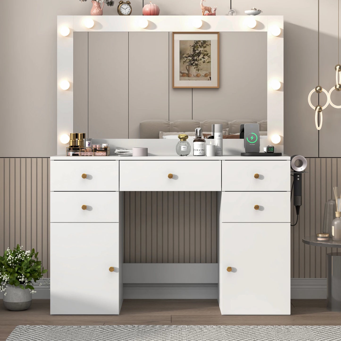 Vanity Desk with Lighted Mirror Charging Station & Storage Set