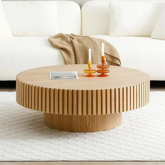 Modern Round Walnut Coffee Table Solid Wood Pedestal for Small Spaces