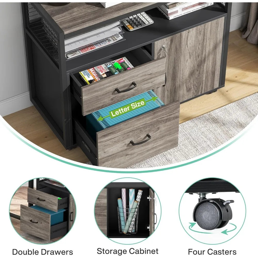 L Shaped Computer Desk Mobile File Cabinet Executive Office Furniture Set