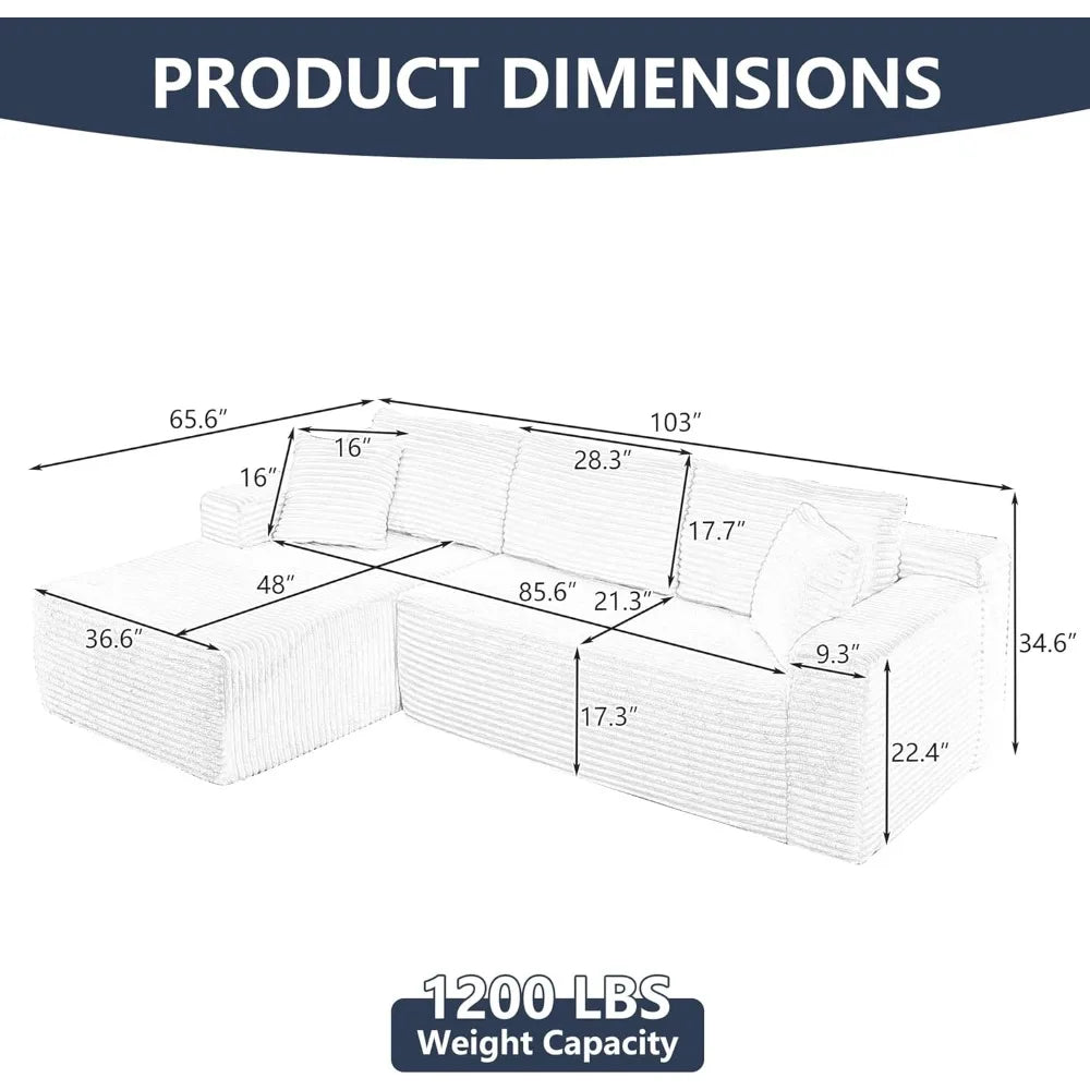 Ljustra 103” Corduroy L-Shaped Sectional Sofa with Left Facing Chaise
