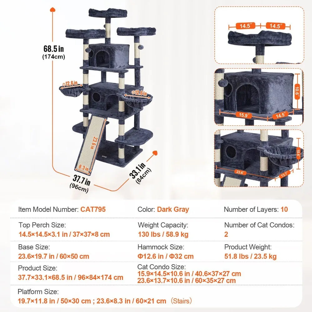 68.5 Inch Cat Tower Indoor Cats Scratching Post Condos Padded Perch