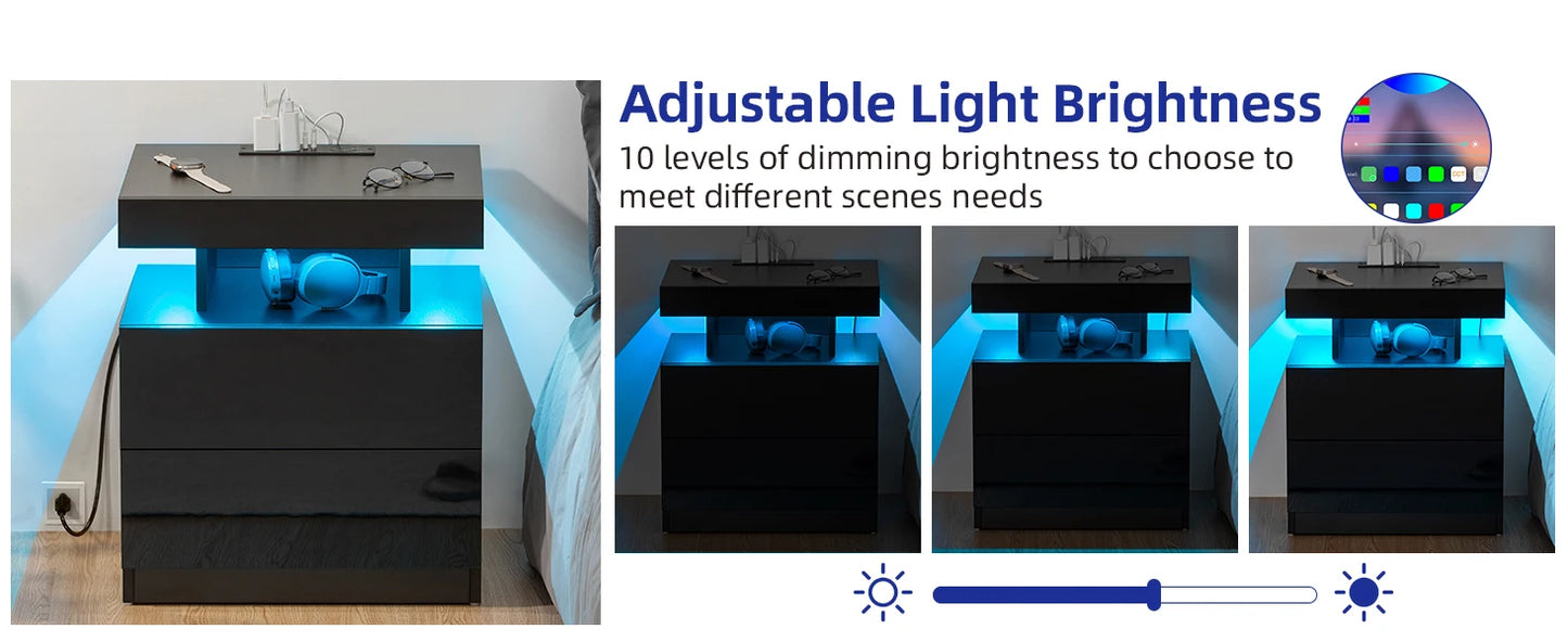 Nightstand with Wireless Charging USB Ports Modern Bedside Table Storage