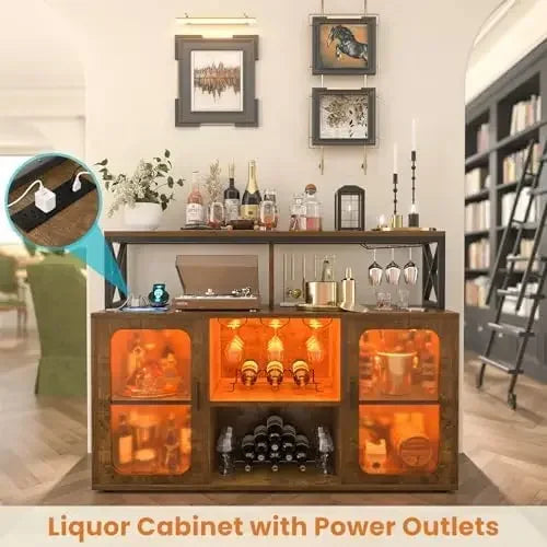 Ljustra Bar Cabinet with Power Outlets LED Lights Wine Storage Rustic Brown