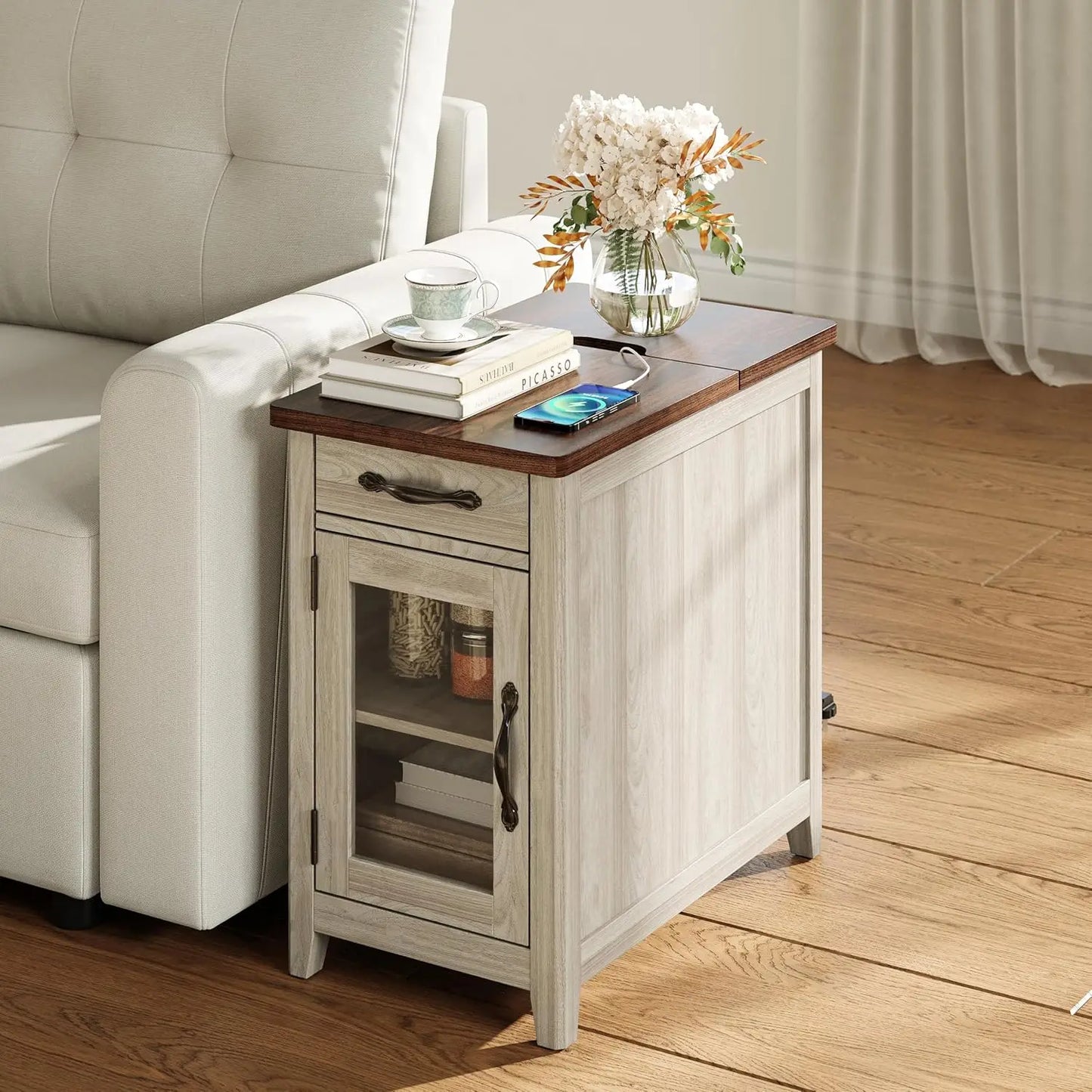 Modern Farmhouse End Table Set of 2 with Charging Station