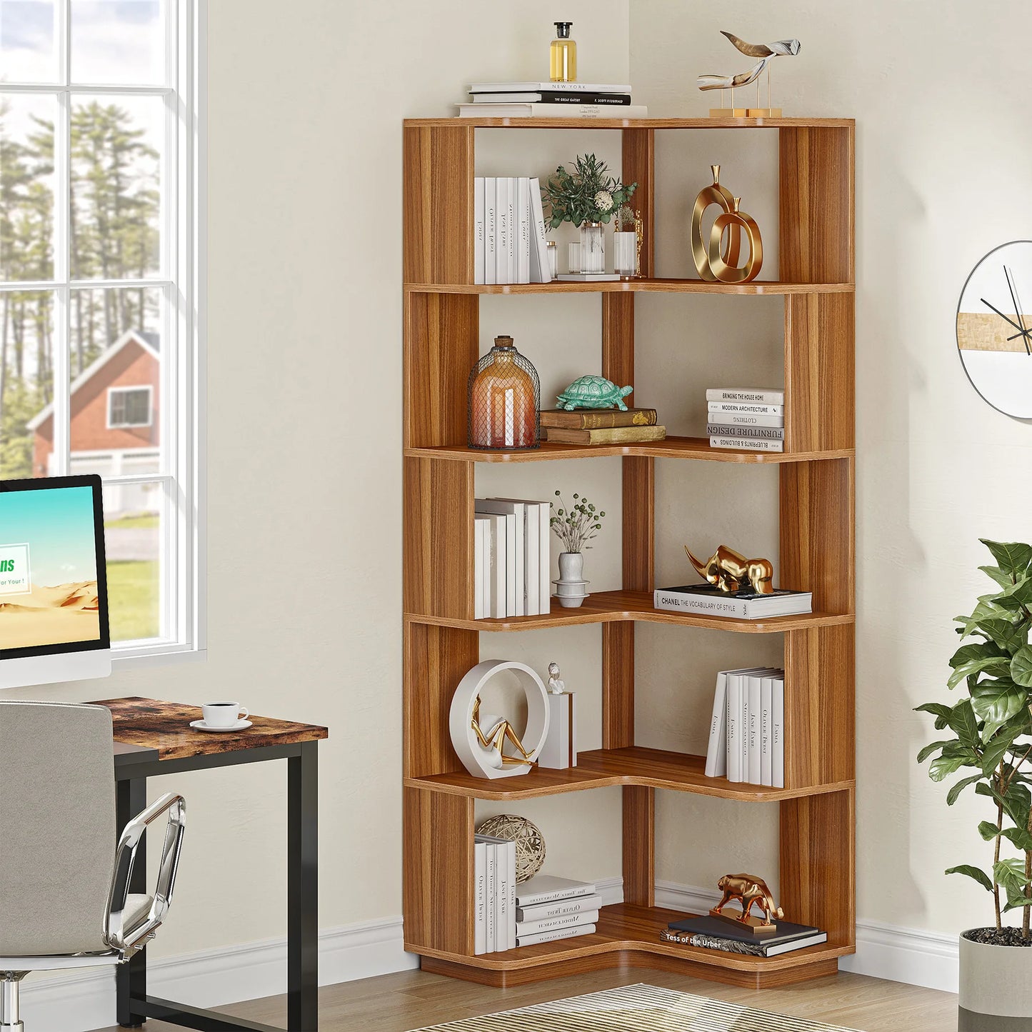 Ljustra 6 Tier Corner Bookshelf Industrial Bookcase Space Saving Design