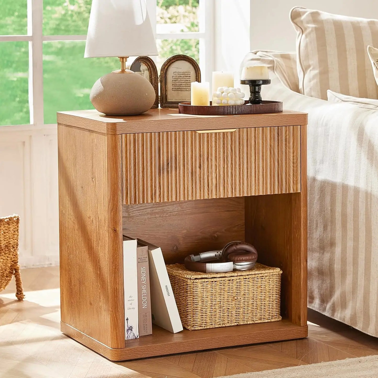 23 Inch Wide Fluted Night Stand Set of 2 with Charging Station and Drawers