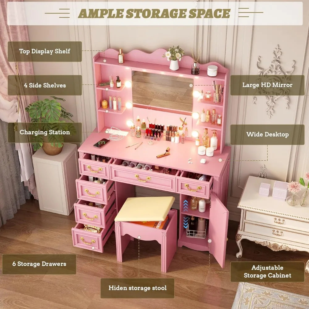 Large Makeup Vanity Desk with Mirror Lights Charging Station and Drawers