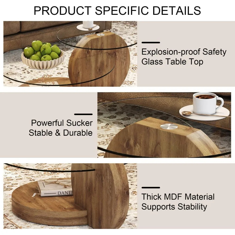 Modern 42 Inch Round Glass Coffee Table 3-Tier Wood Shelves Living Room