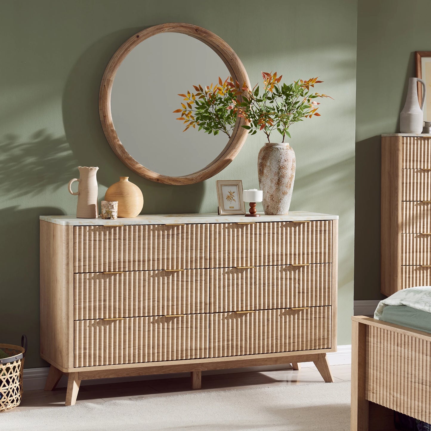 Modern 6 Drawer Dresser Faux Marble Top Fluted Chest of Drawers