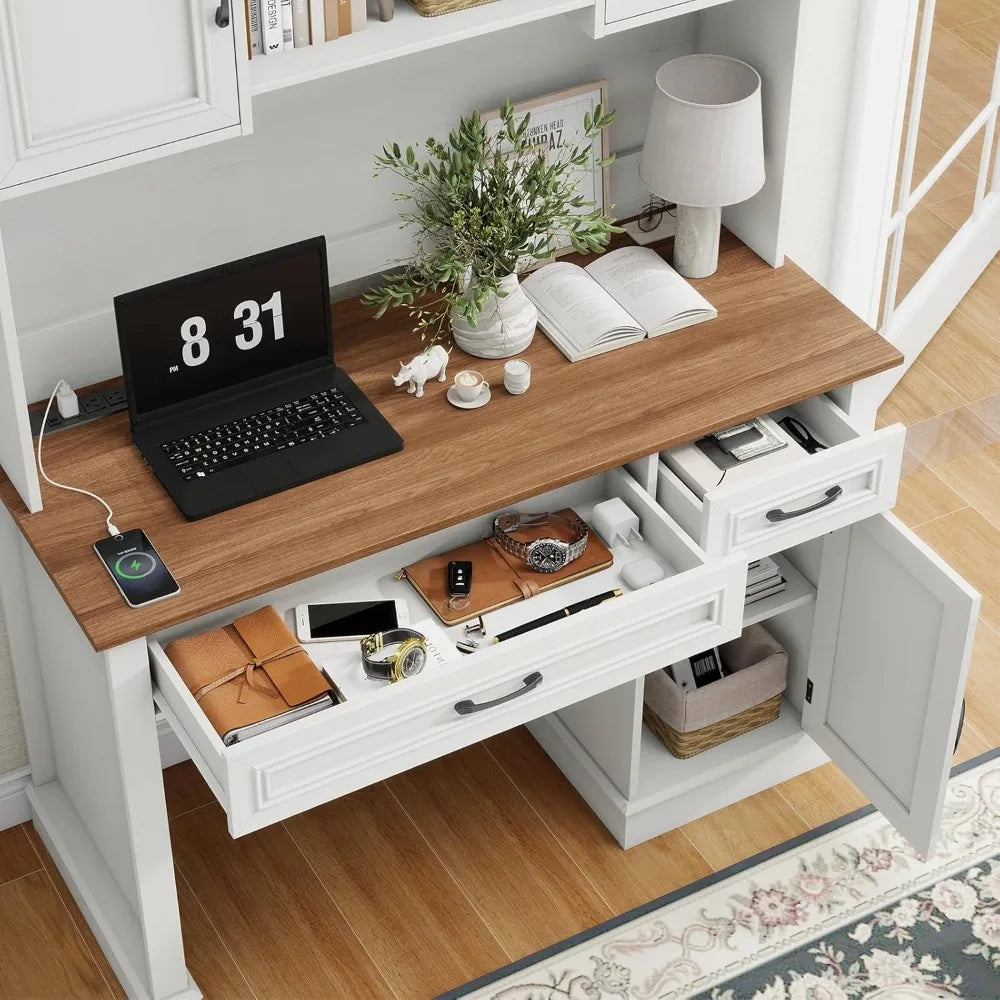 Farmhouse Executive Desk with Hutch LED Light Charging Station Storage