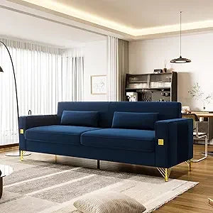 85" Velvet Mid-Century Sofa Couch 3-Seater w/ Gold Legs & Pillows Modern Style