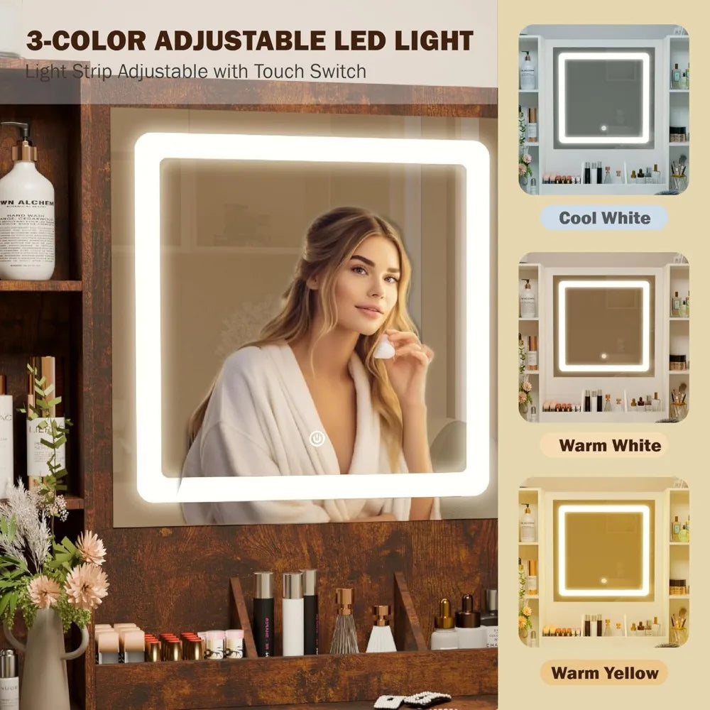Makeup Vanity Table Set with Mirror Lights and Chair Touch-Sensitive