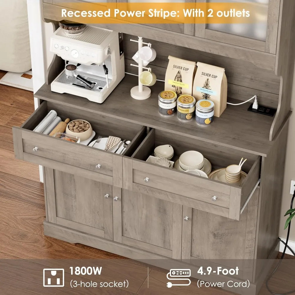 Tall Kitchen Pantry Cabinet with Countertop and Outlets Farmhouse Style