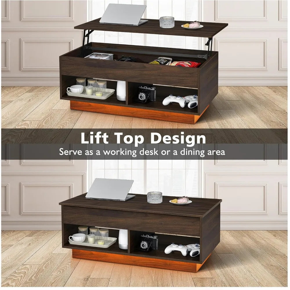 Lift Top Coffee Table with Storage Adjustable LED Modern Table