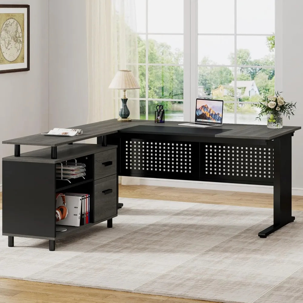 L Shaped Executive Desk with File Cabinet Modern Office Furniture
