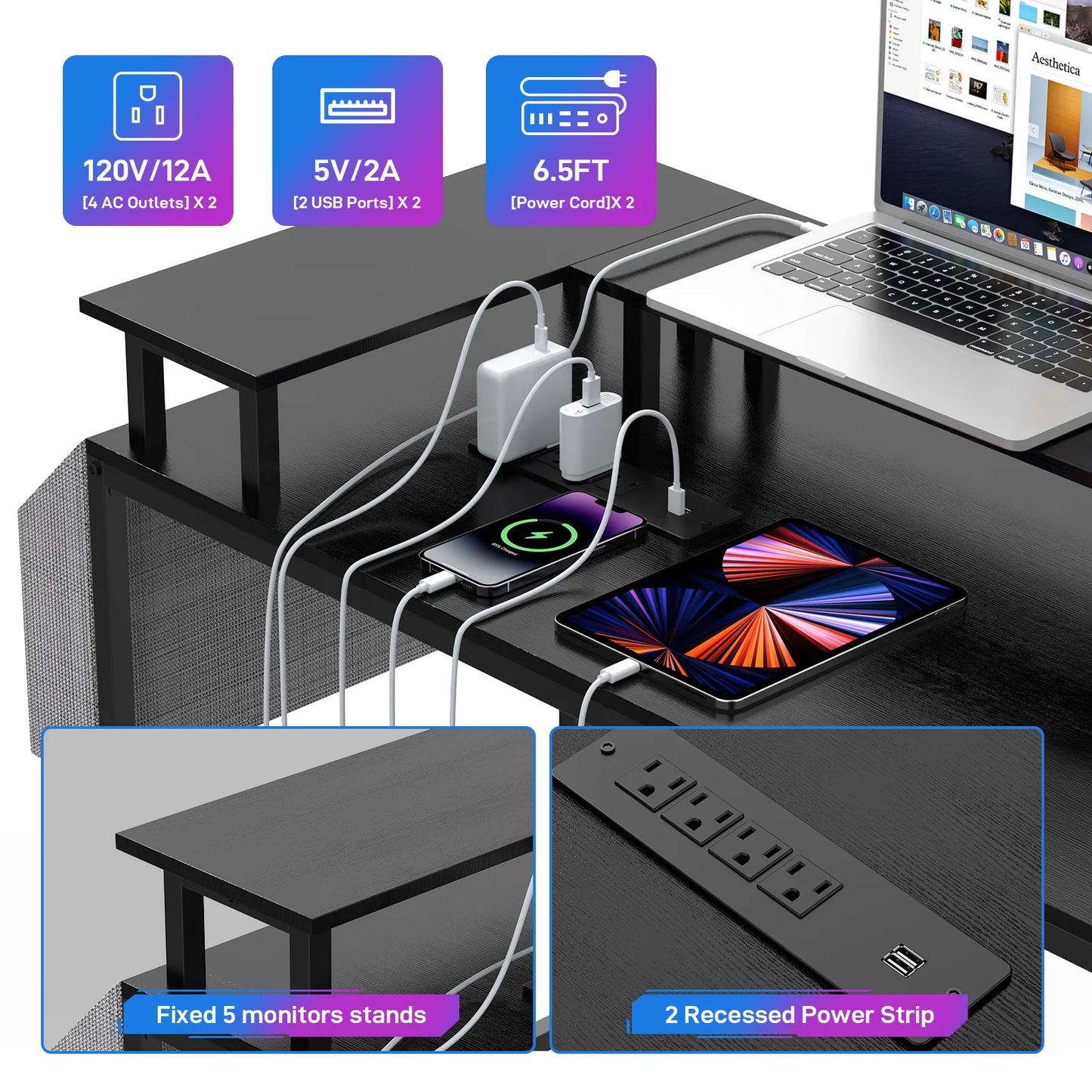 Modern L-Shaped Computer Desk with LED Lights Power Outlet and Shelves