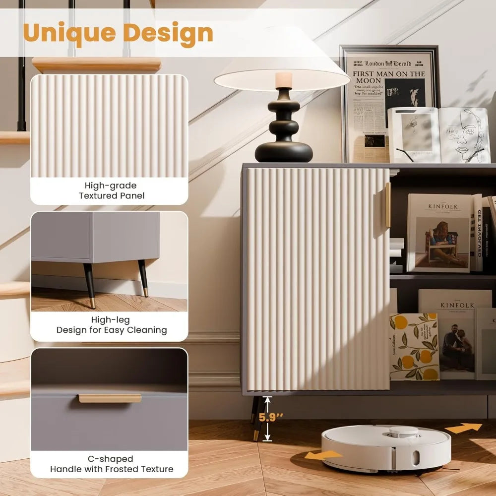 47 Inch Fluted Sideboard Cabinet Buffet Storage Adjustable Shelves