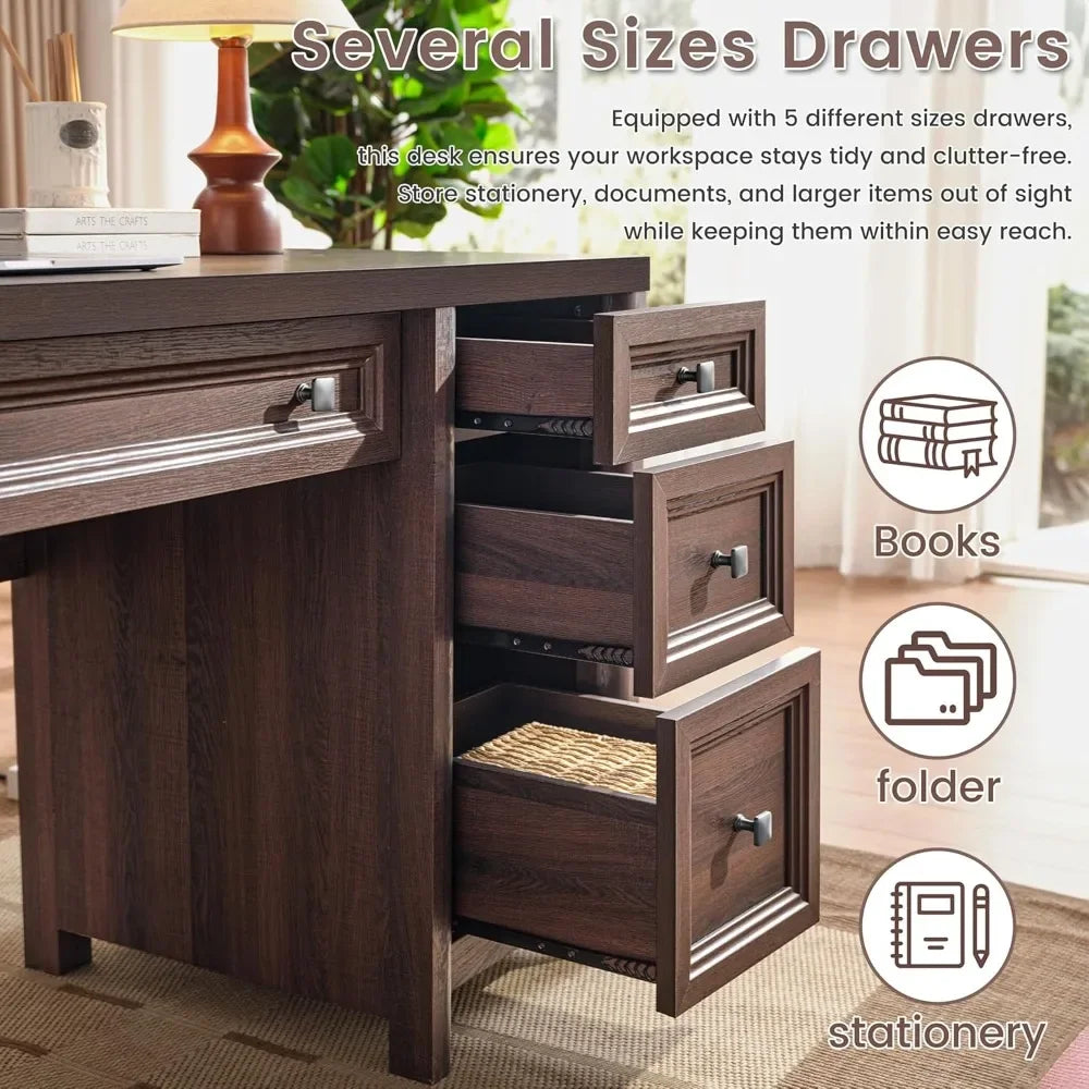 Farmhouse Computer Desk with 5 Drawers and Adjustable Shelf 58 Inch