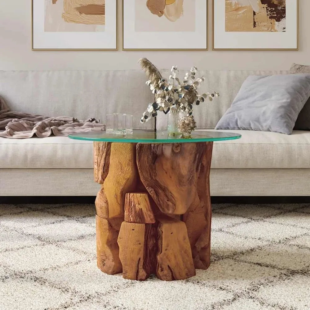 Coffee Table Teak Driftwood Base Round Glass Top Handmade Modern Design