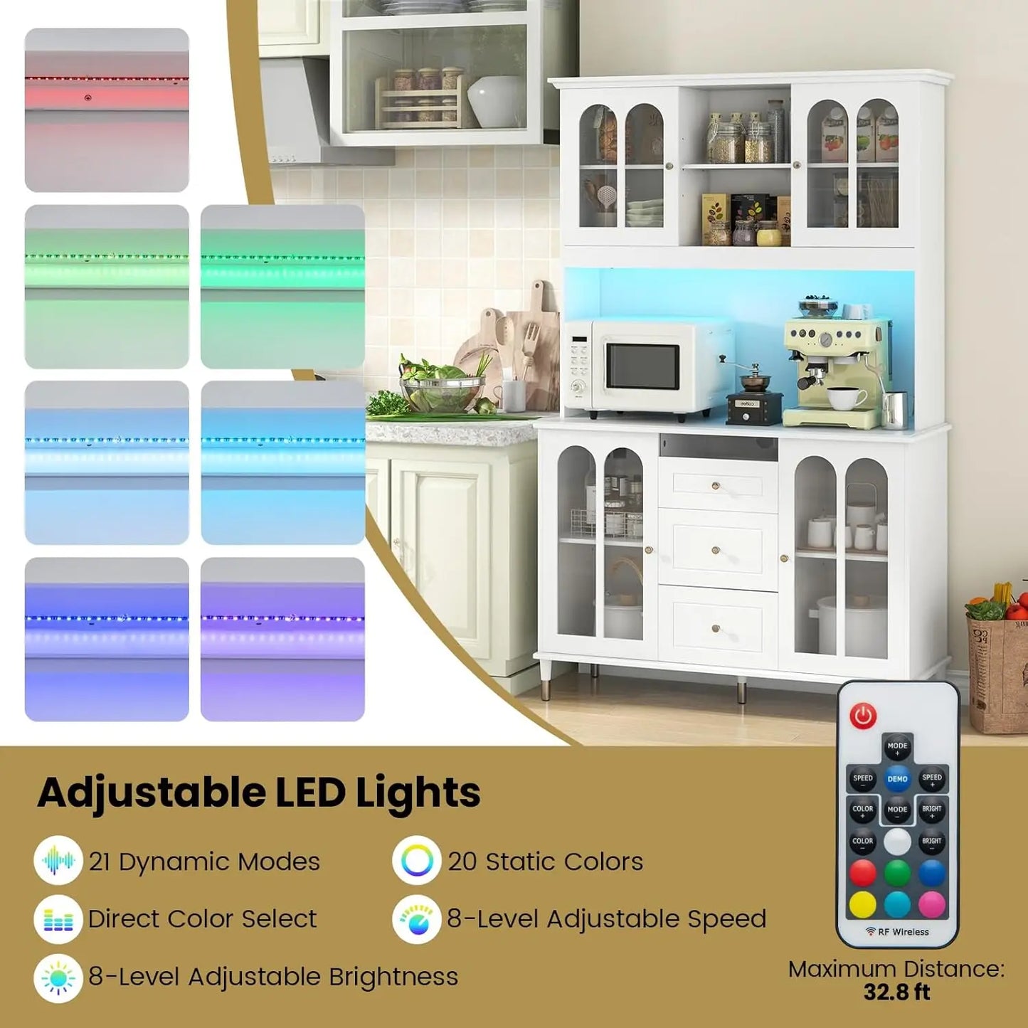 Large Kitchen Pantry Cabinet Buffet Hutch with LED Lights and Drawers
