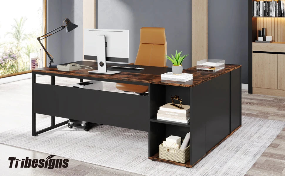 L Shaped Executive Desk with Storage Cabinet 71 Inch Office Furniture