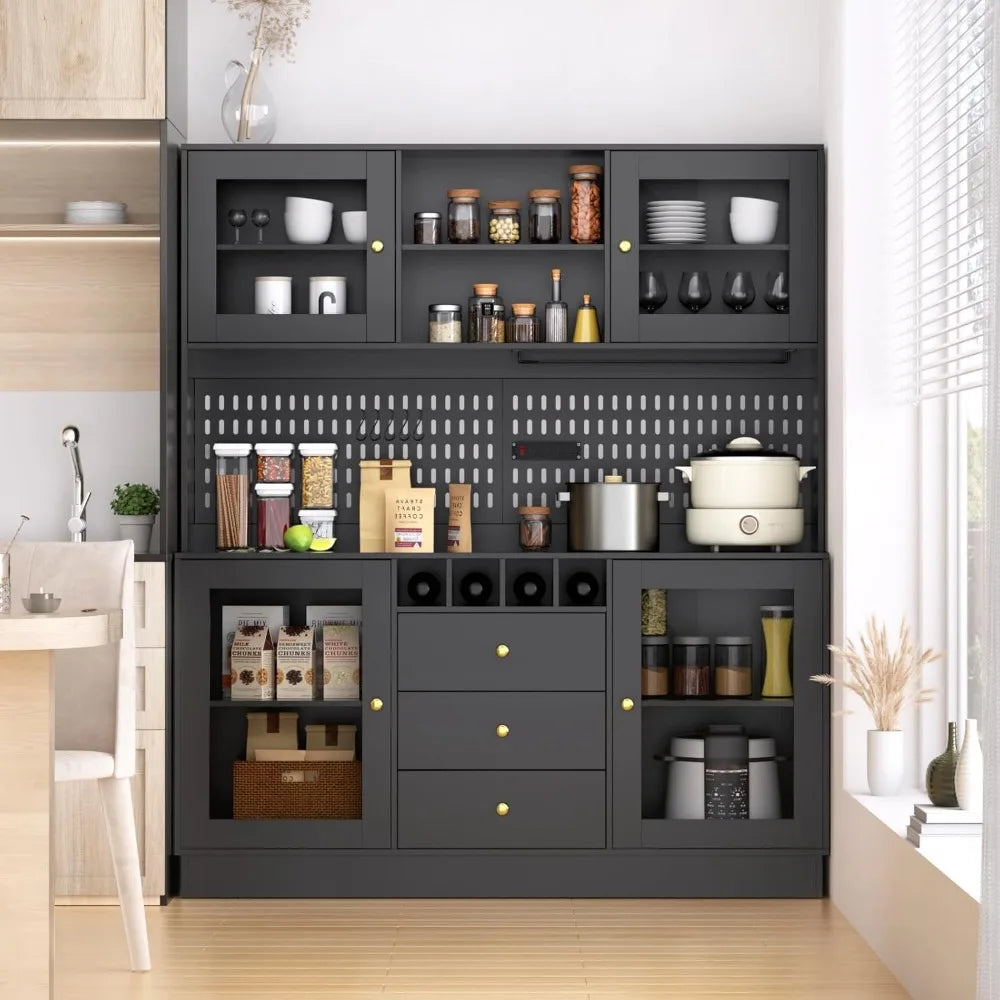 Kitchen Hutch Cabinet Freestanding Buffet with Pegboard Cup Holder Storage