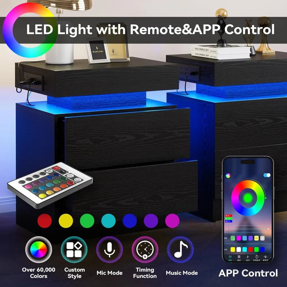 Modern Bedside Table with Charging Station LED Lights and Drawers