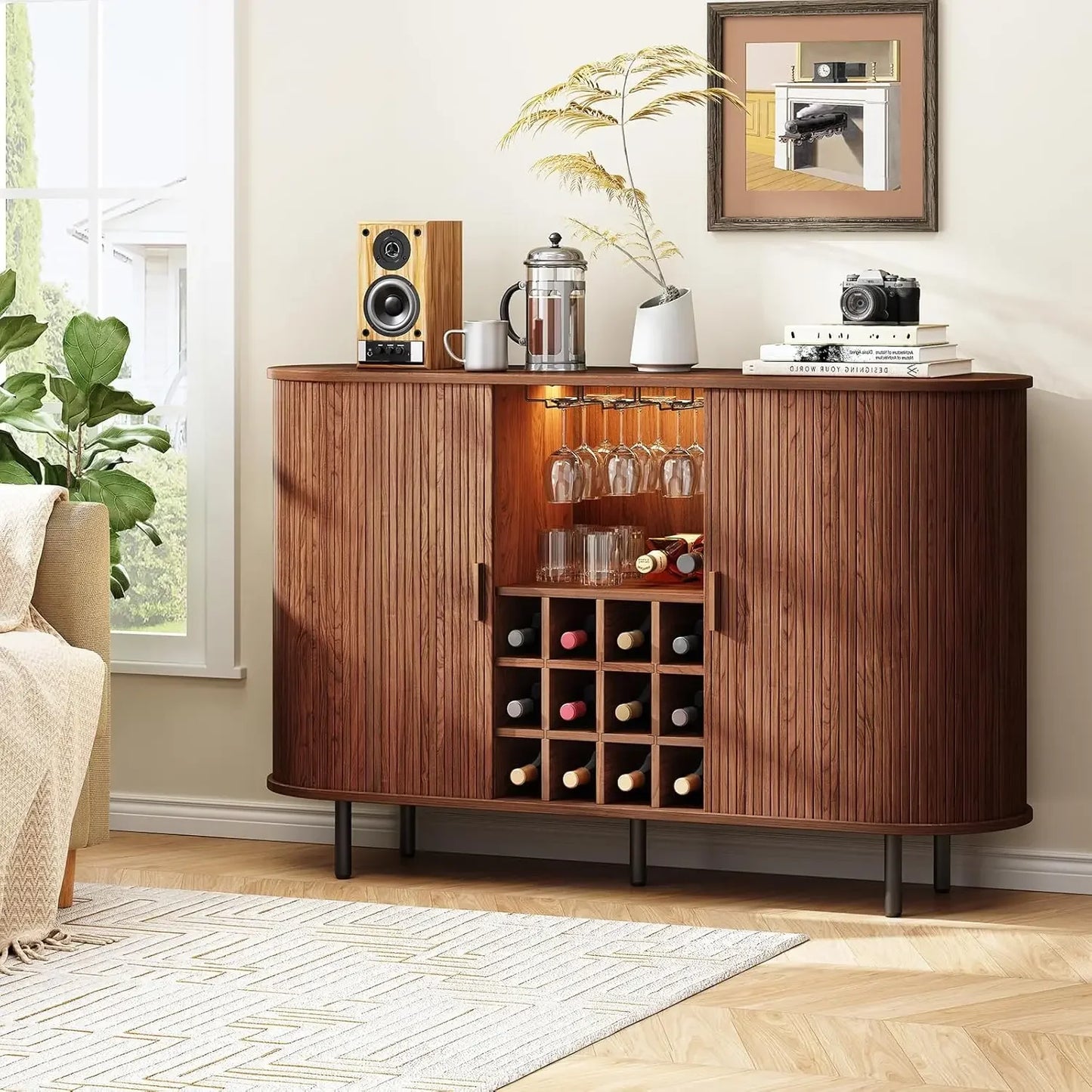 55" Wine Bar Cabinet LED Light Modern Liquor Whiskey Coffee Station