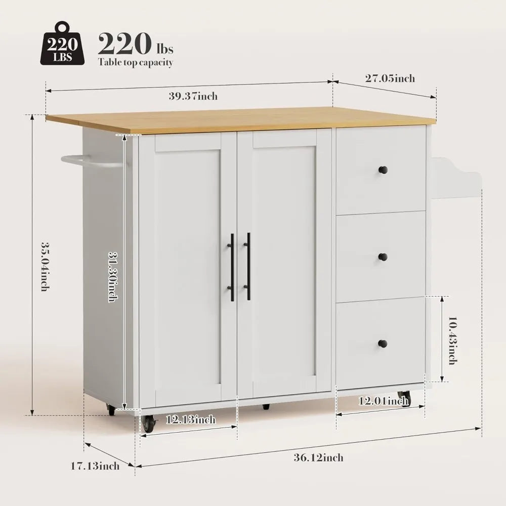 Kitchen Island with Storage Rolling Cart 3 Drawers Adjustable Shelves