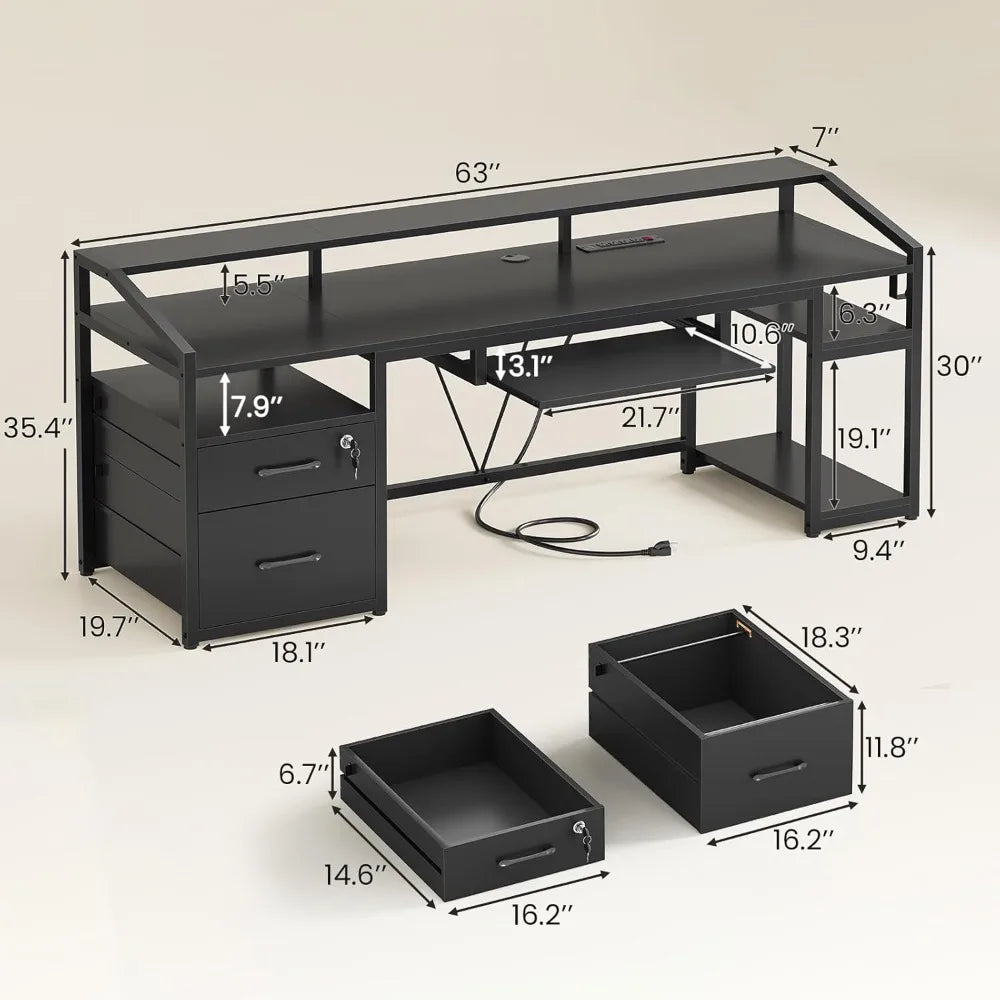 63 Inch Computer Desk with Lockable Drawers LED Lights Power Outlet Gaming