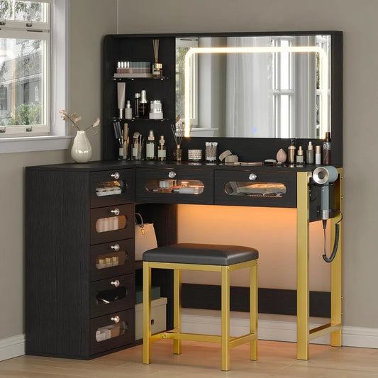 Modern Vanity Desk with Mirror and RGB Drawers Power Outlet Makeup Station