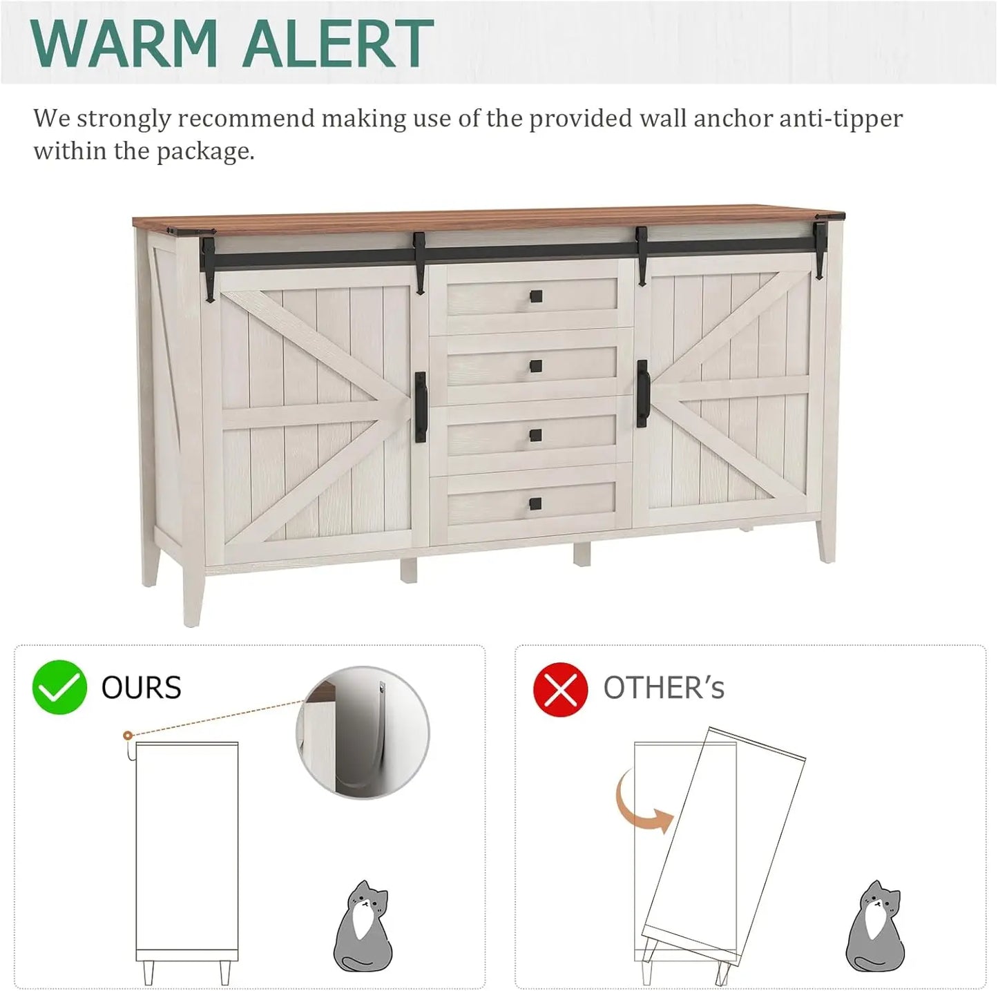 60 Inch Farmhouse Dresser 4 Drawers Rustic Chest of Drawers Bedroom