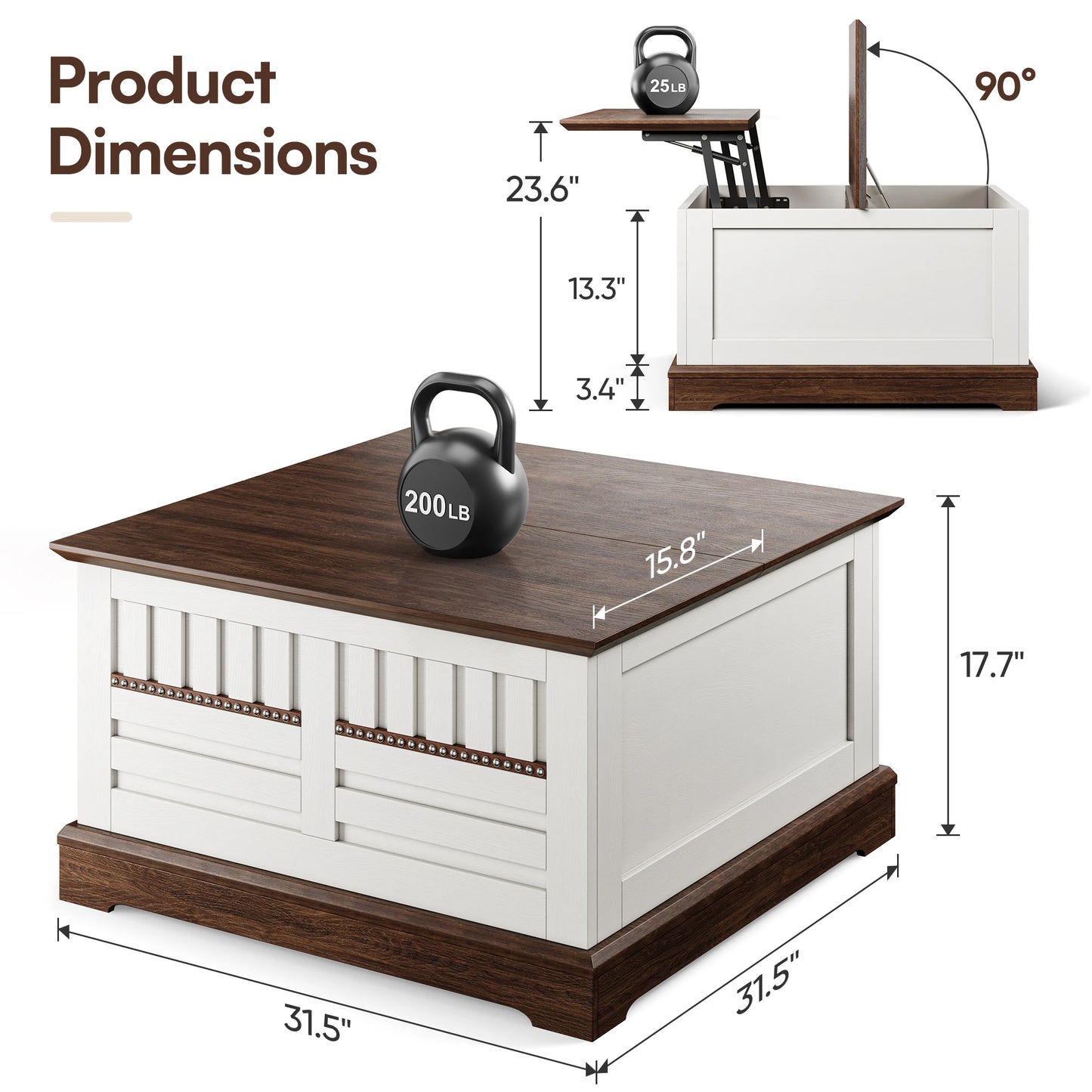 Farmhouse Lift Top Coffee Table with Hidden Storage Modern Square Design