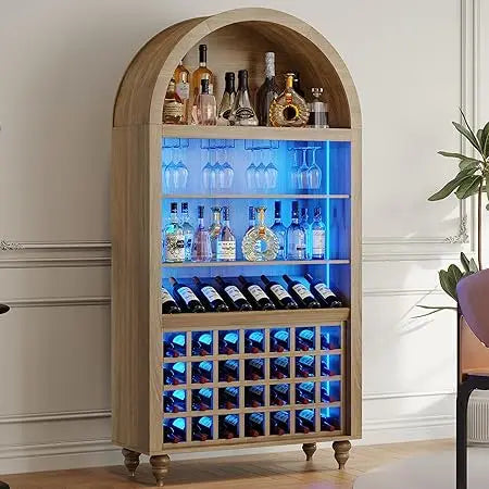 Arched Wine Bar Cabinet 71" Tall Modern Liquor Cabinet with Charging Station