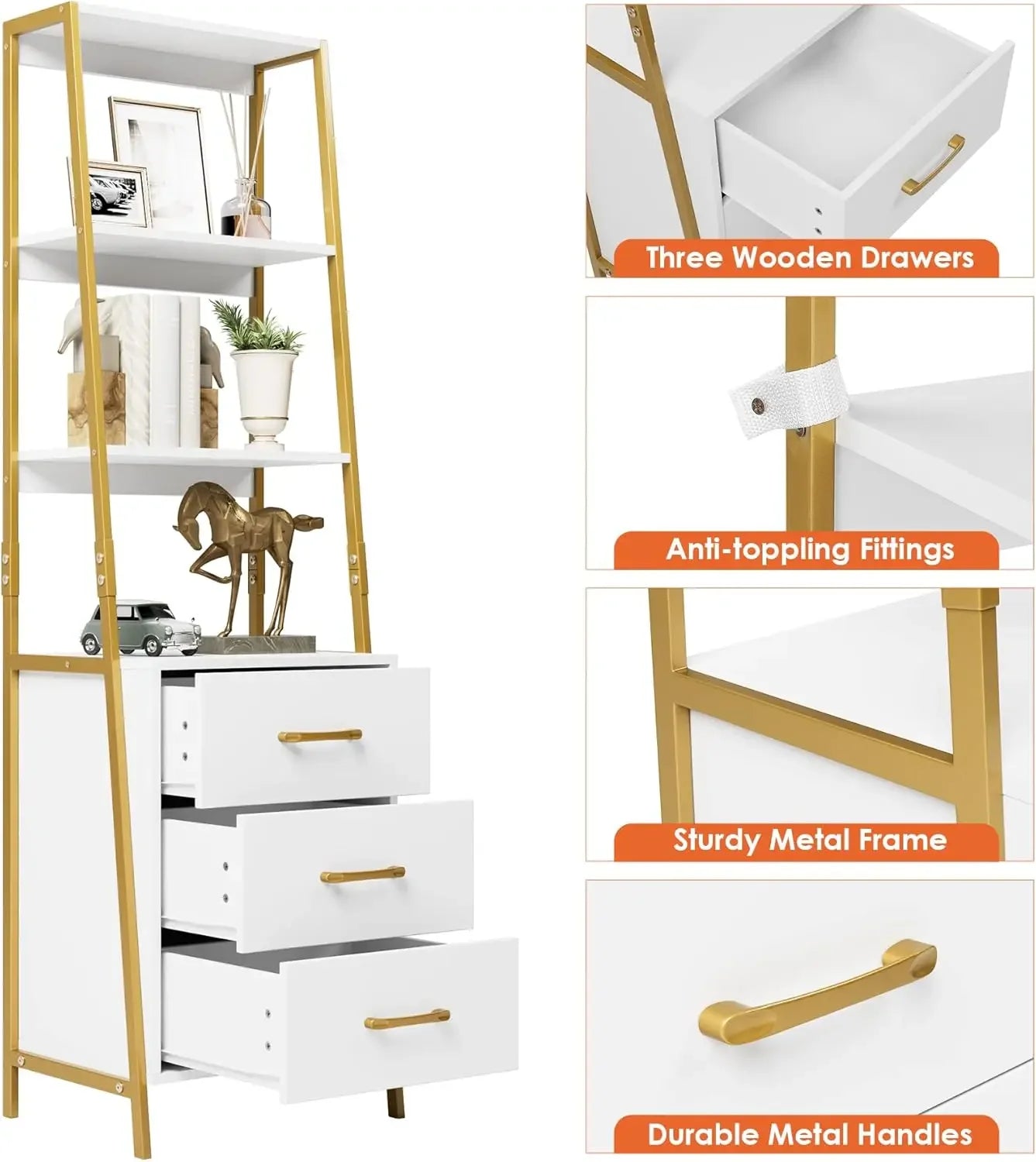 White Gold 4-Tier Bookshelf Modern Ladder Storage Organizer Living Room