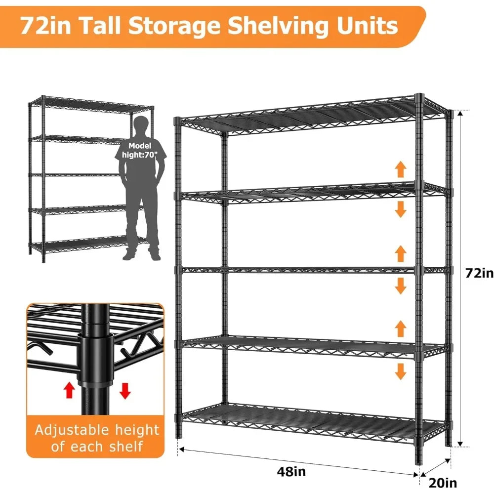 Heavy Duty Storage Shelves with Wheels 2000LBS Capacity 5-Tier 72 Inch