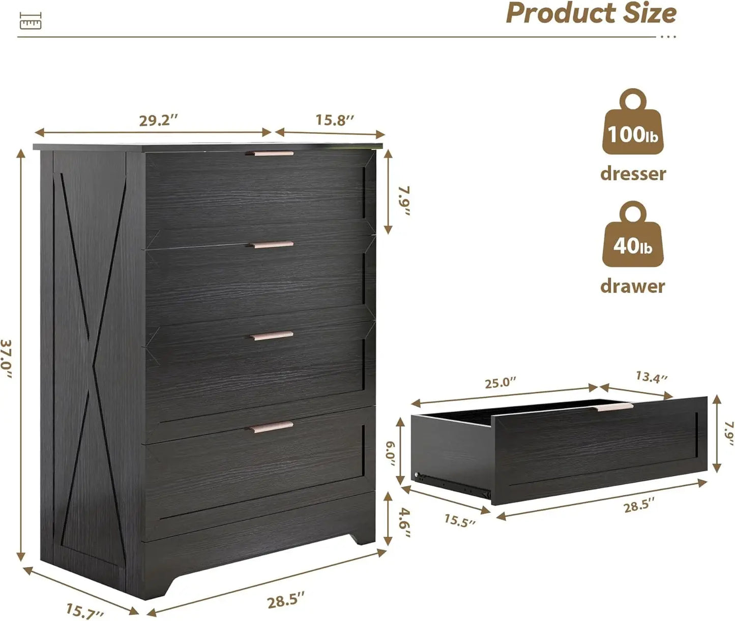 Tall Black Dresser with Large Drawers for Bedroom Closet Storage
