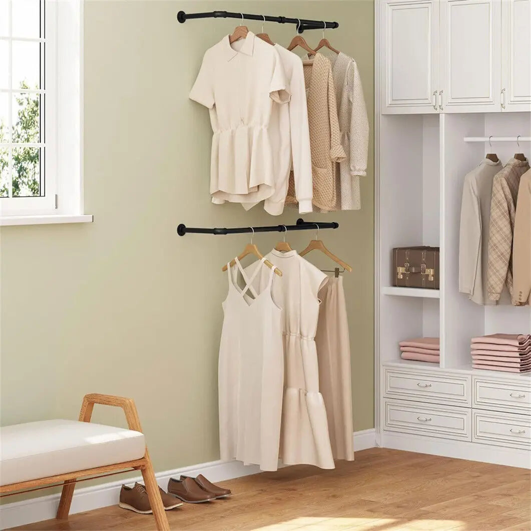 Wall Mounted Industrial Pipe Clothes Rail Set of 2 Coat Rack