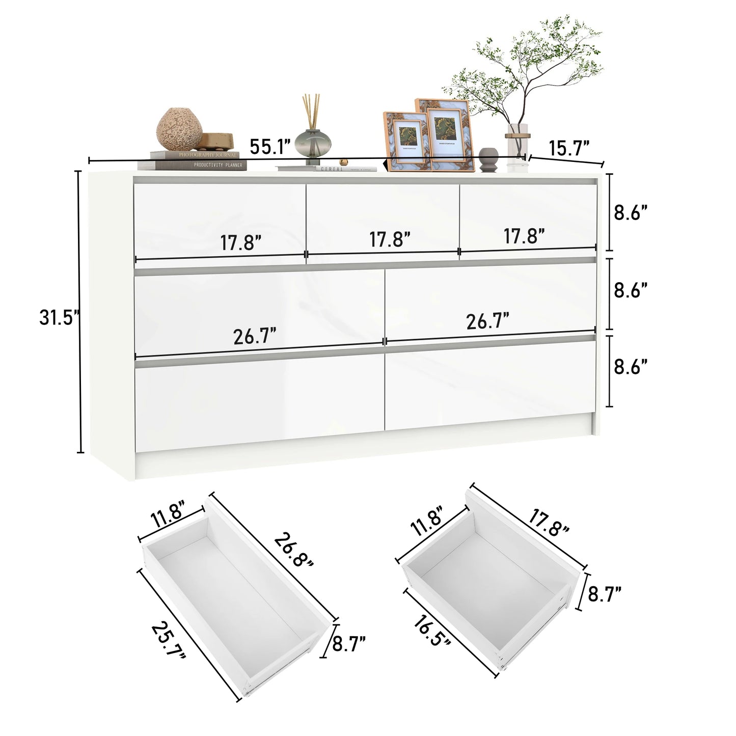 Modern 7 Drawer Dresser Spacious Storage High Gloss Bedroom Furniture