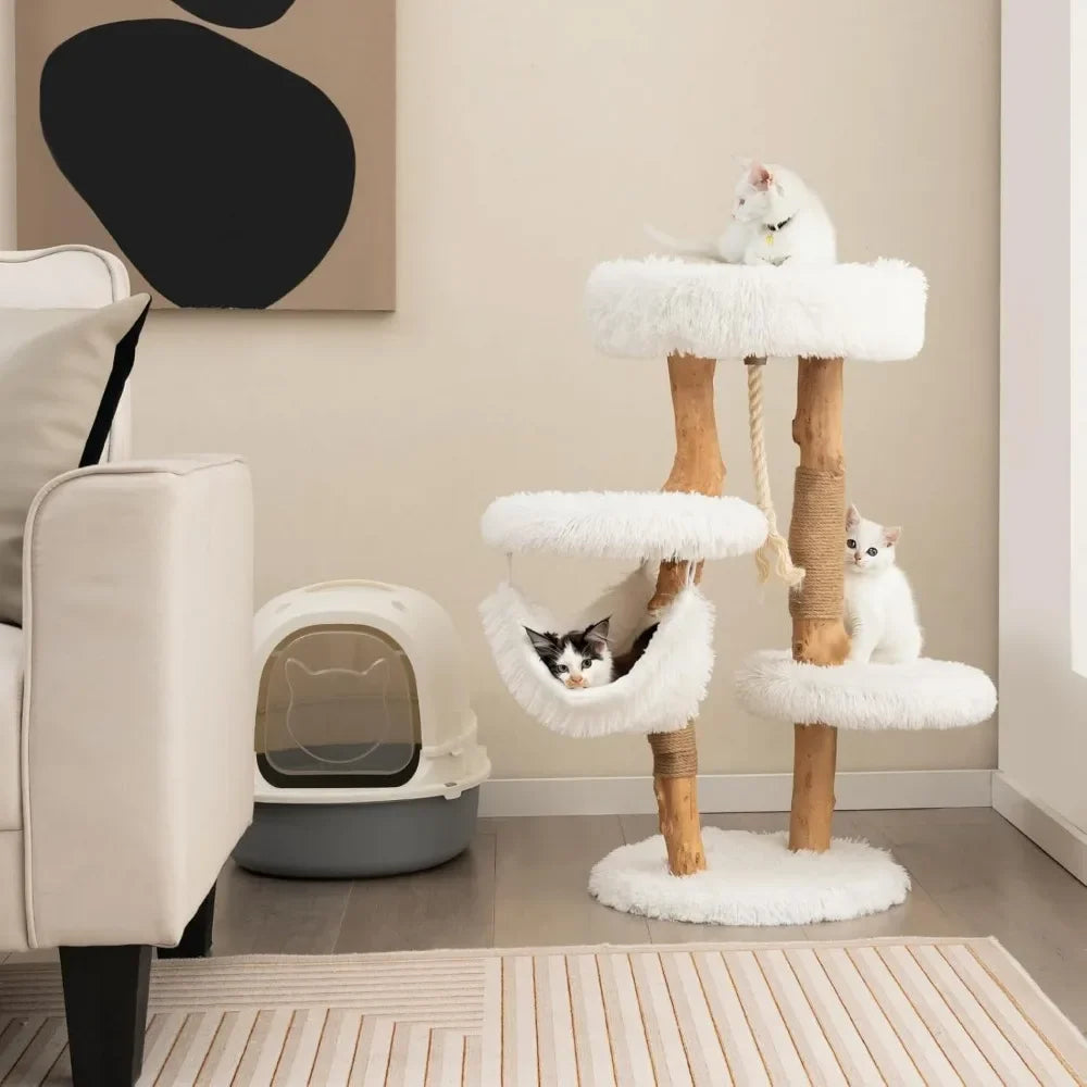 Cat Tree Indoor Solid Wood Modern Cat Tower with Hammock and Perch